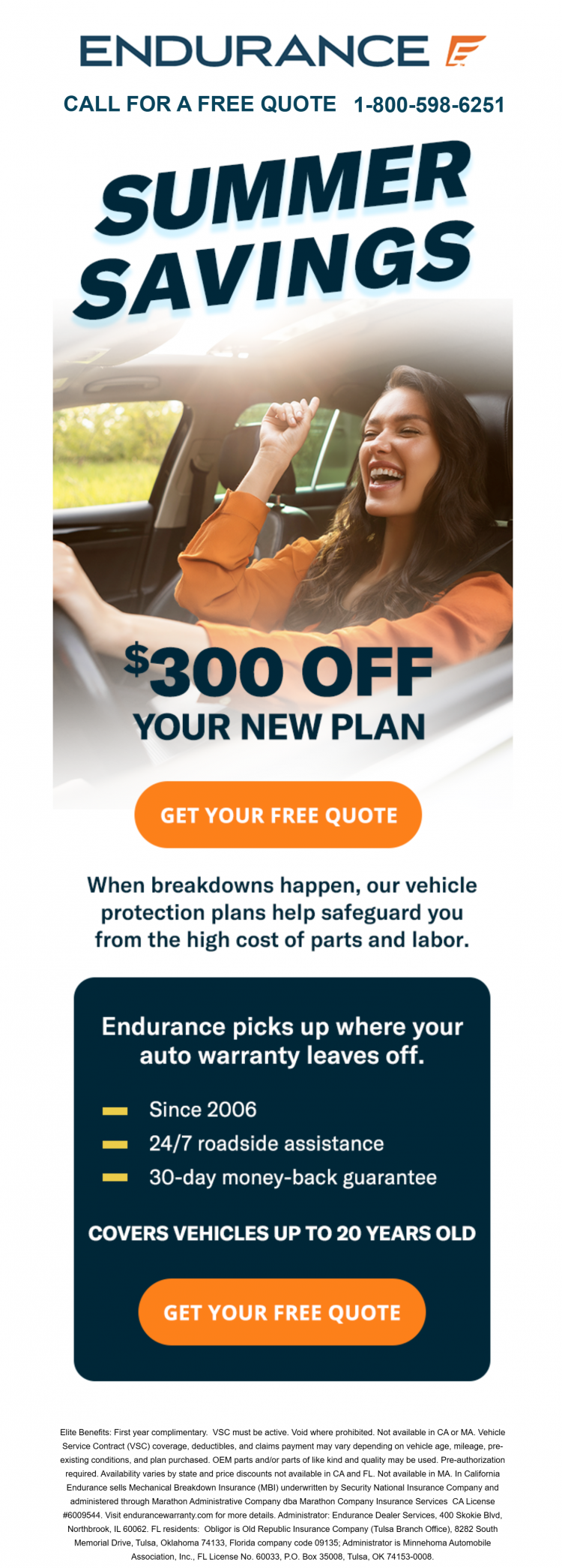 Endurance Auto Vehicle Protection – Summer Savings $300 Toward Your New Plan – Covers Vehicles Up to 20 Years Old
